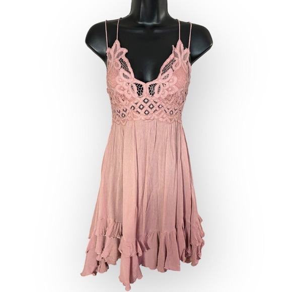 Free People Dresses & Skirts - Free People Rose Crochet Adella Slip Sundress Lace Trim Ruffle Hem Sleeveless S